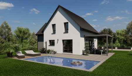 Construire maison neuve 3 pignons toit tuiles traditionnelle contemporaine Alsace Haut-Rhin 68 frontière Suisse jardin piscine terrasse