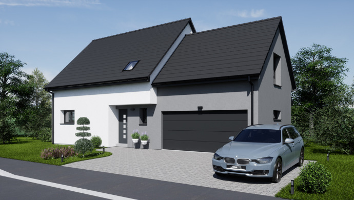 Construction maison neuve deux pans garage accolé en long combles aménagés Haut-Rhin Alsace 68 Pers entrée