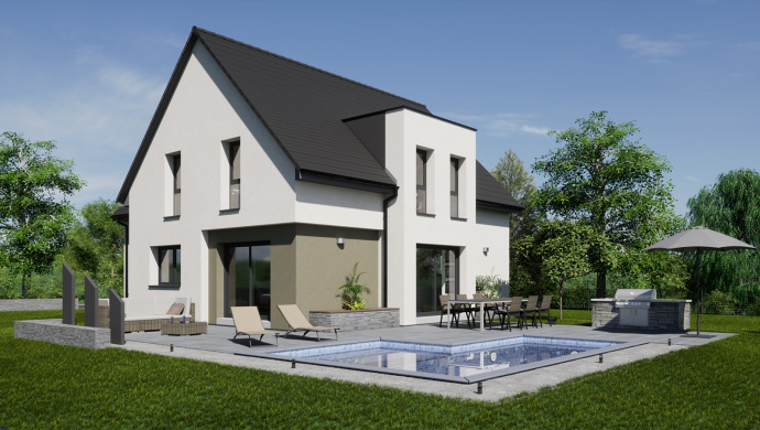 Construction maison neuve contemporaine toit tuiles 3 pignons ALSACE Haut-Rhin Pers piscine terrasse jardin