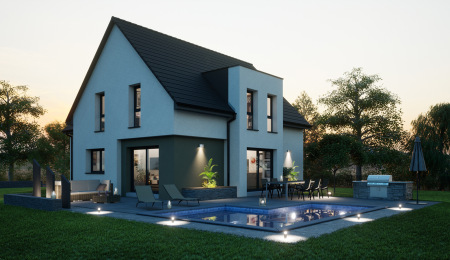 Construction maison neuve contemporaine toit tuiles 3 pignons ALSACE Haut-Rhin Pers piscine soir