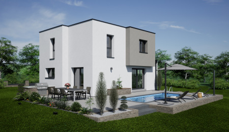 Construction maison neuve contemporaine toit plat toit terrasse ALSACE Haut-Rhin 68 proche frontière Suisse Pers perspective terrasse jardin