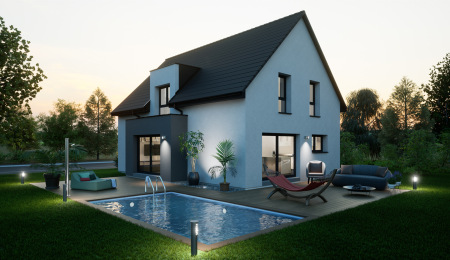 Modèle maison neuve contemporaine ambiance détente soir piscine Haut-Rhin proche Suisse