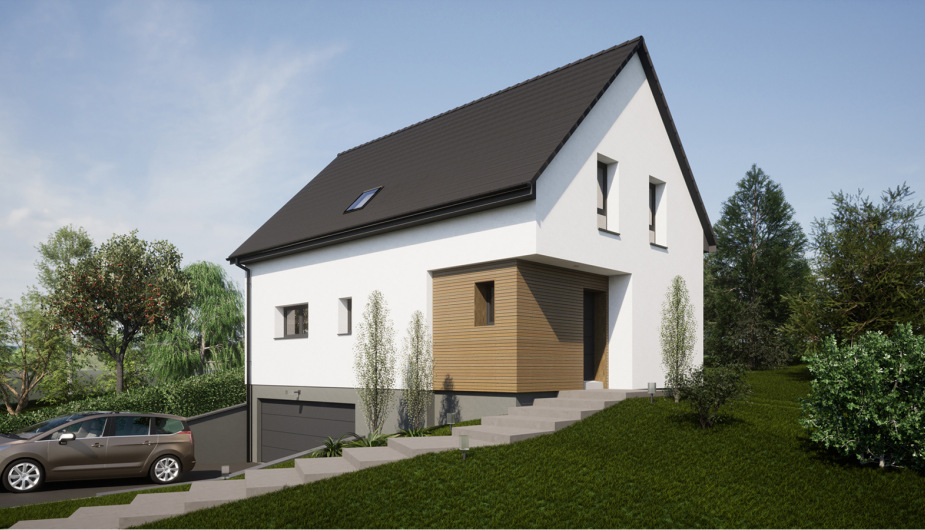 Construction maison neuve toit tuiles 2 pans ALSACE Haut-Rhin proche frontière Suisse Pers perspective entrée