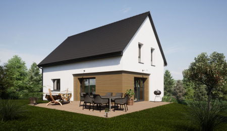 Construction maison neuve toit tuiles 2 pans ALSACE Haut-Rhin proche frontière Suisse Pers perspective Jardin terrasse