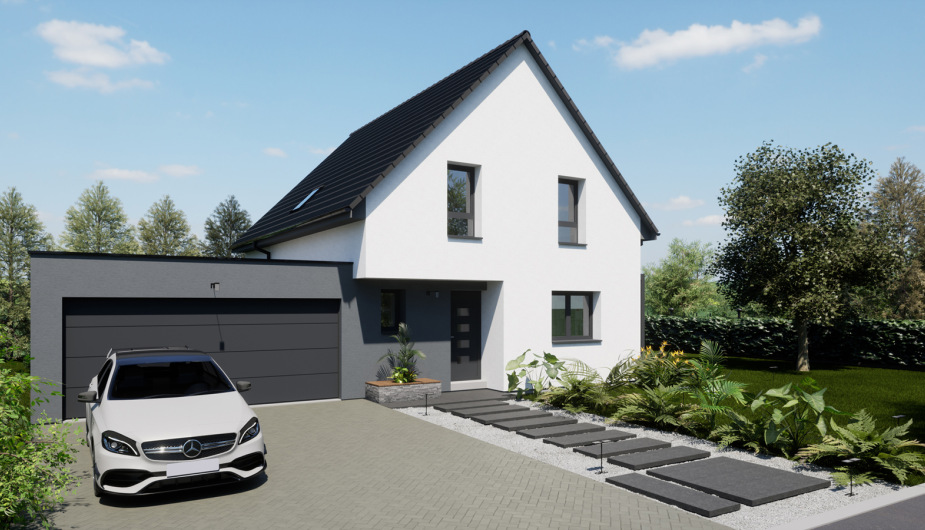 Modèle constructeur maison actuelle perspective Entrée double garage Haut-Rhin Proche Suisse