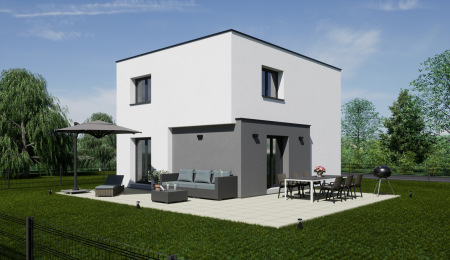 Construire maison neuve contemporaine toit plat cube vue terrasse jardin Haut-Rhin Alsace 68 proche Bâle