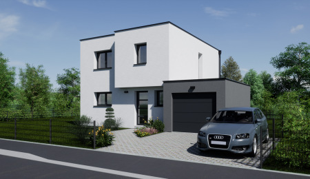 Construire maison neuve contemporaine toit plat cube vue entrée garage accolé rue Haut-Rhin Alsace 68