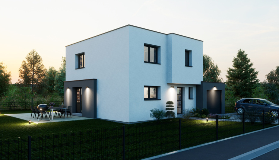 Construire maison neuve contemporaine toit plat cube vue soir Haut-Rhin Alsace 68